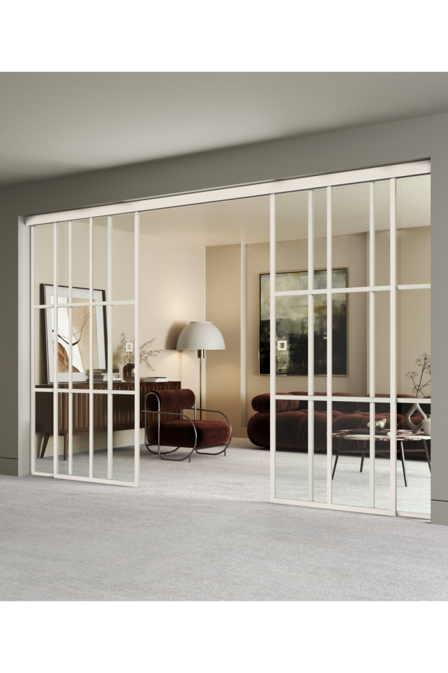 Liukuvat pariovet soft closing -mekanismilla ja kahdella kiinteällä seinällä Inne C4P Paris