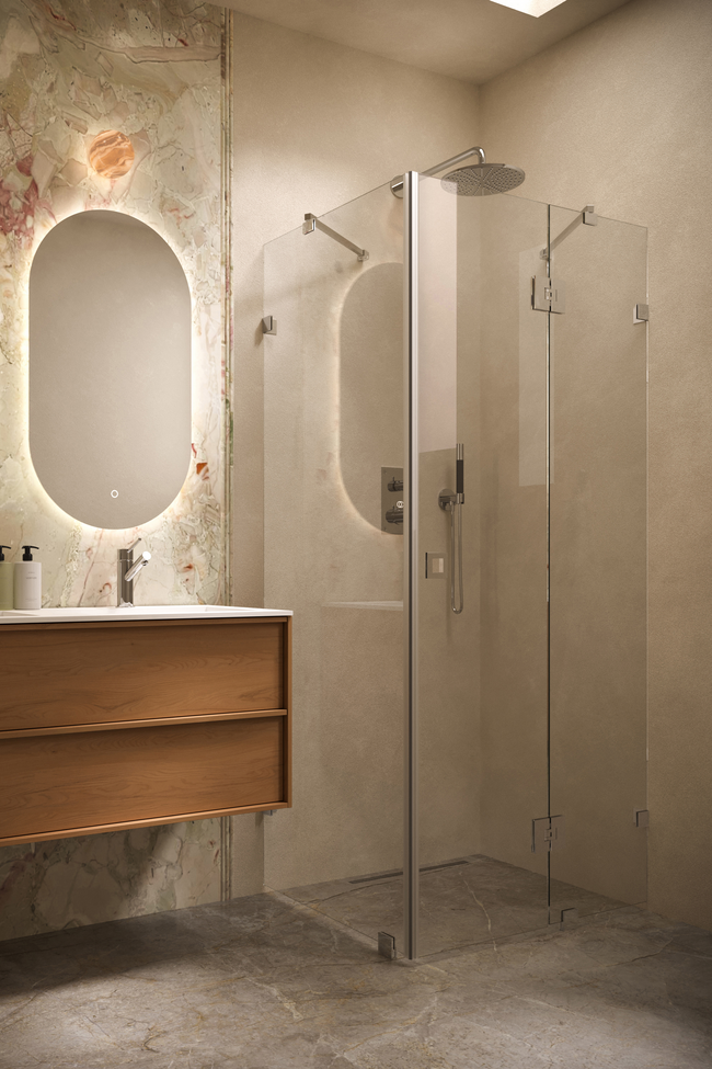 Shower enclosure with a fixed wall and a hinged door with a fixed part Vetro 542 (511x514)