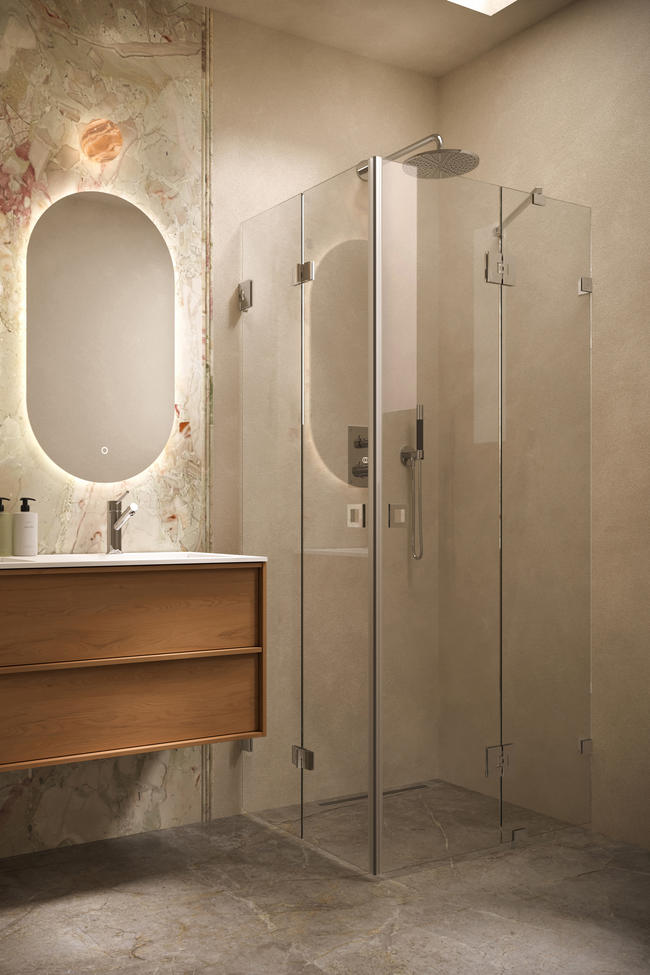 Shower enclosure with a folding door and a hinged door with a fixed part Vetro 547 (513x514)