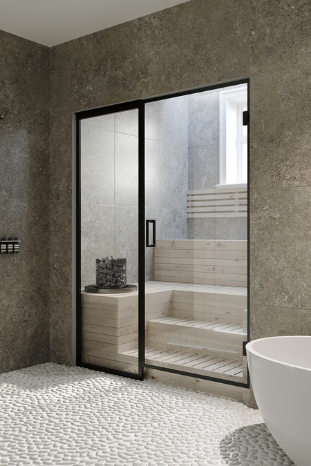 Bastu glasvägg med fast panel på handtagsidan Bläk 676 New York