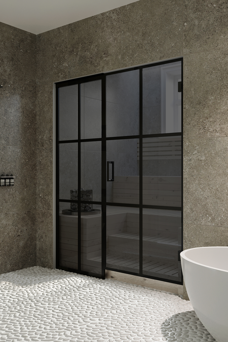 Bastu glass wall with fixed panel on handle side Bläk 678 Paris