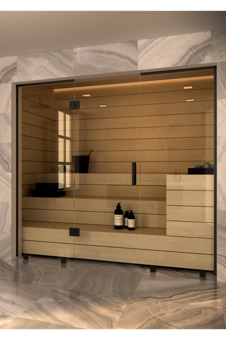 Sauna glass wall with fixed panel on handle side and hinge side Vetro S47