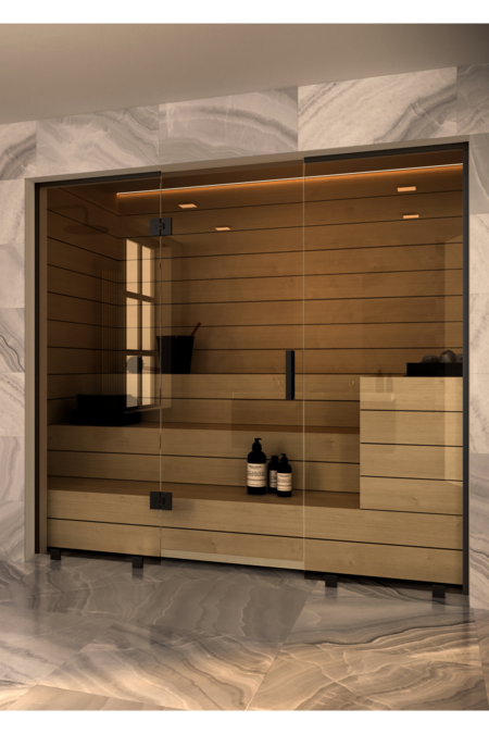 Sauna glass wall with fixed panel on handle side and hinge side Vetro S47
