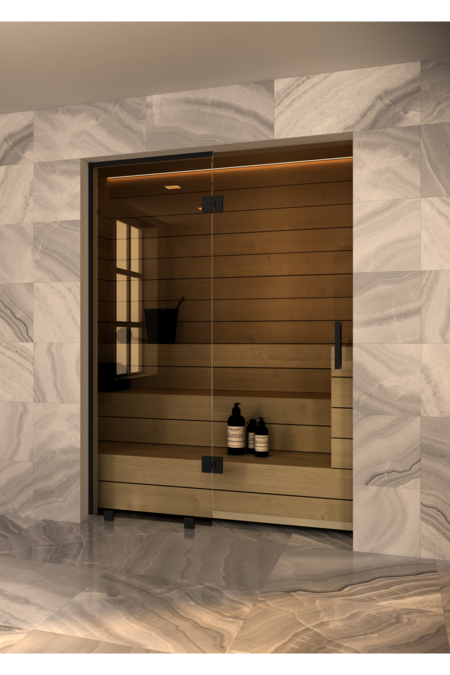 Sauna glass wall with fixed panel on hinge side Vetro S52