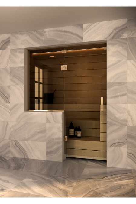 Sauna glass wall with window on hinge side and above door Vetro S55
