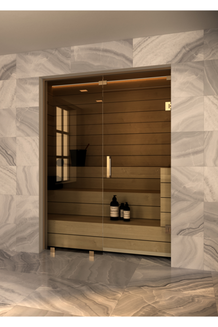 Sauna glass wall with fixed panel on handle side and window above door Vetro S56