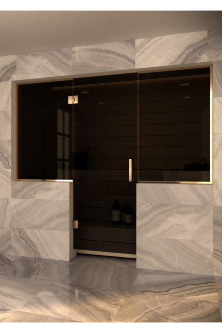 Sauna glass wall with window on handle side and hinge side Vetro S49