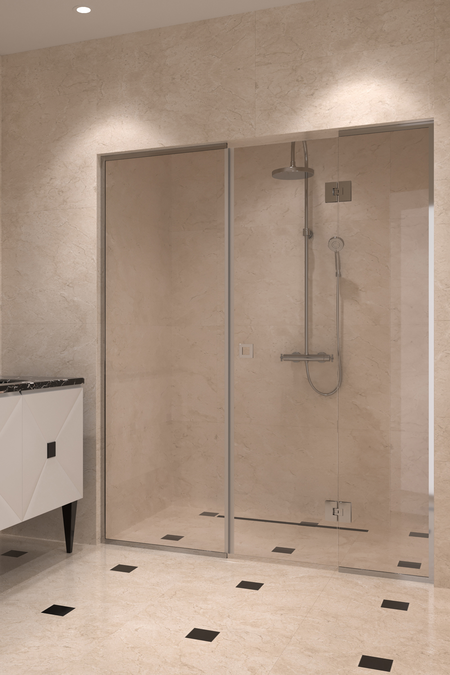Alcove fitting with a framed fixed wall and hinged door which has a fixed part Vetro 551