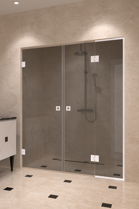 Alcove fitting with a hinged double door, one of which has a fixed part Vetro 555
