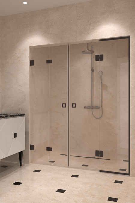 Tilanjakaja taittuvalla ovella ja kääntyvä ovi kehystetyllä kiinteällä osalla Vetro 553