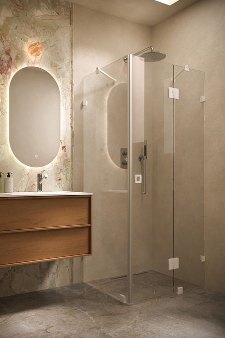 Shower enclosure with a fixed wall and a hinged door with a fixed part Vetro 542 (511x514)