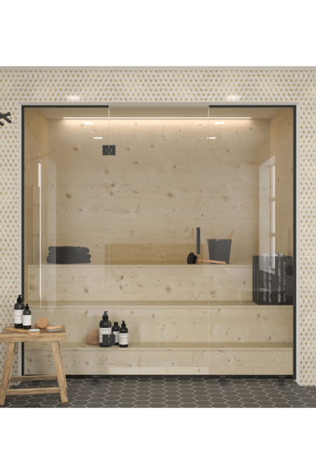 Saunan lasiseinä vedin- ja saranapuolen sivulaseilla Classic 647