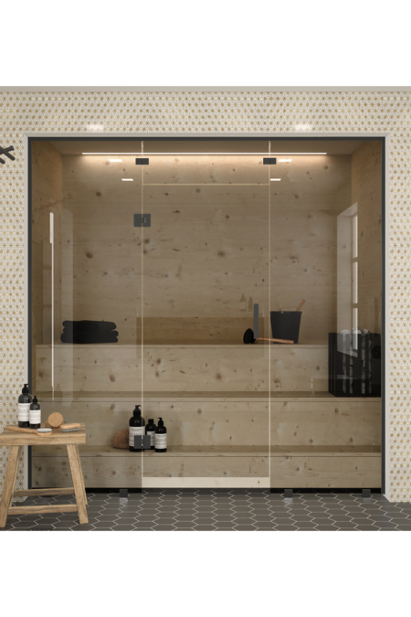 Sauna glass wall with fixed panels on hinge and handle side and window above door Classic 648