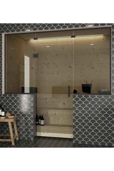 Bastu glasvägg med fönster på handtagssidan och gångjärnssidan och ovanför dörren Classic 651