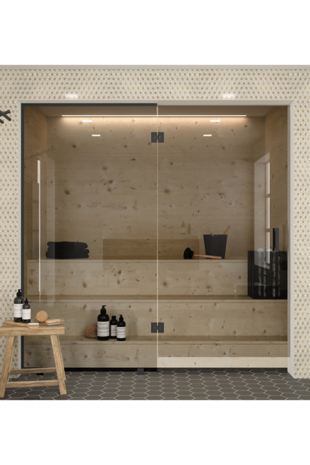 Bastu glasvägg med fast panel på gångjärnssidan Classic 652