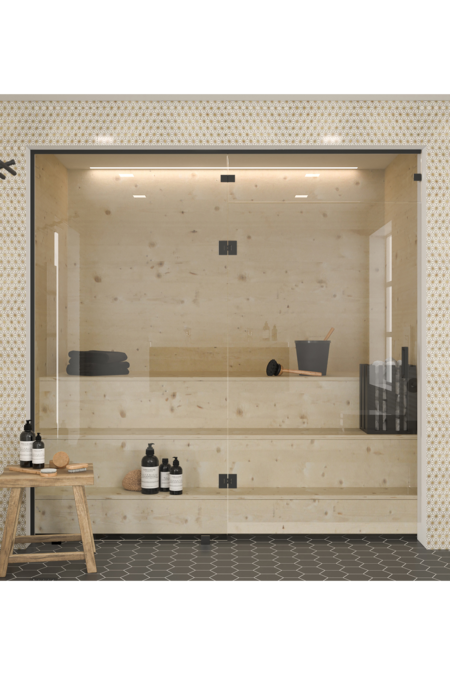 Saunan lasiseinä saranapuolen sivulasilla ja yläikkunalla Classic 653