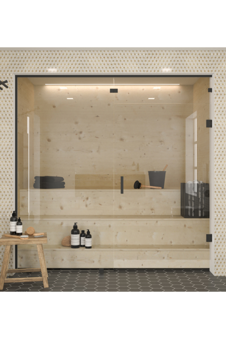 Sauna glass wall with fixed panel on handle side and window above door Classic 656