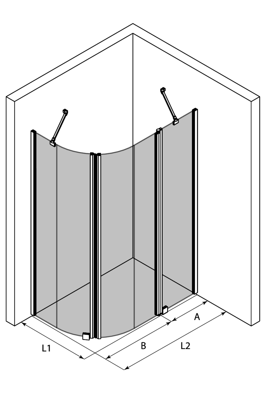 3d Curved shower enclosure with a fixed wall and a hinged door with a fixed part Infinia 267 (221x224)